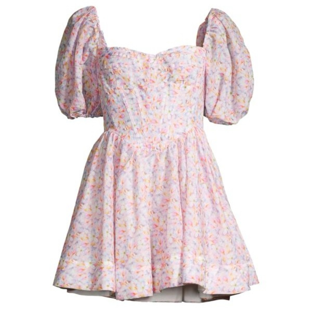 BARDOT Kiah Colorful Floral Cottagecore Corset Puff Sleeve Mini Dress Size Large - Picture 11 of 11